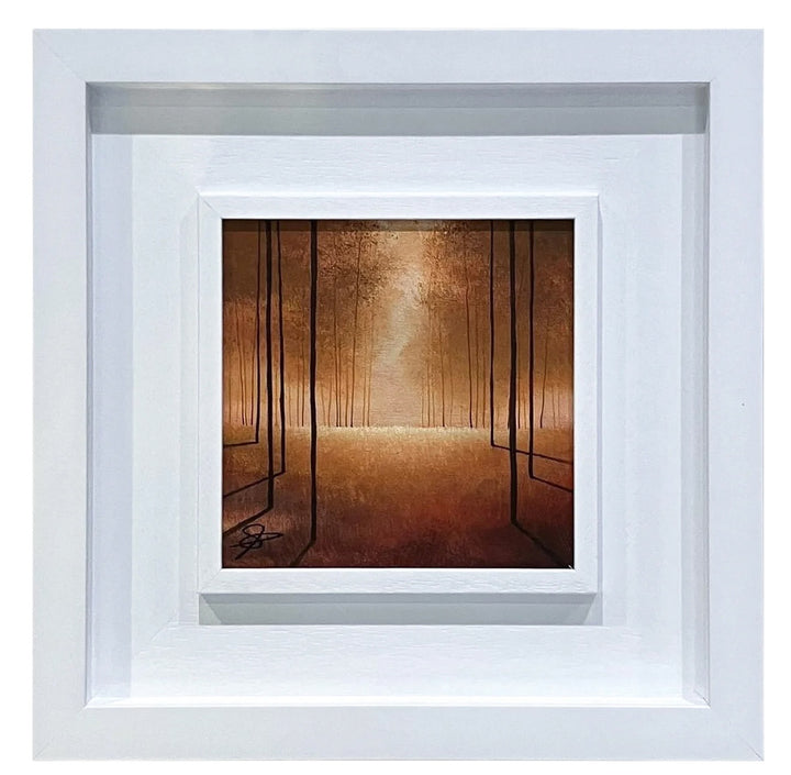 Framed artwork with a textured brown background and white frame