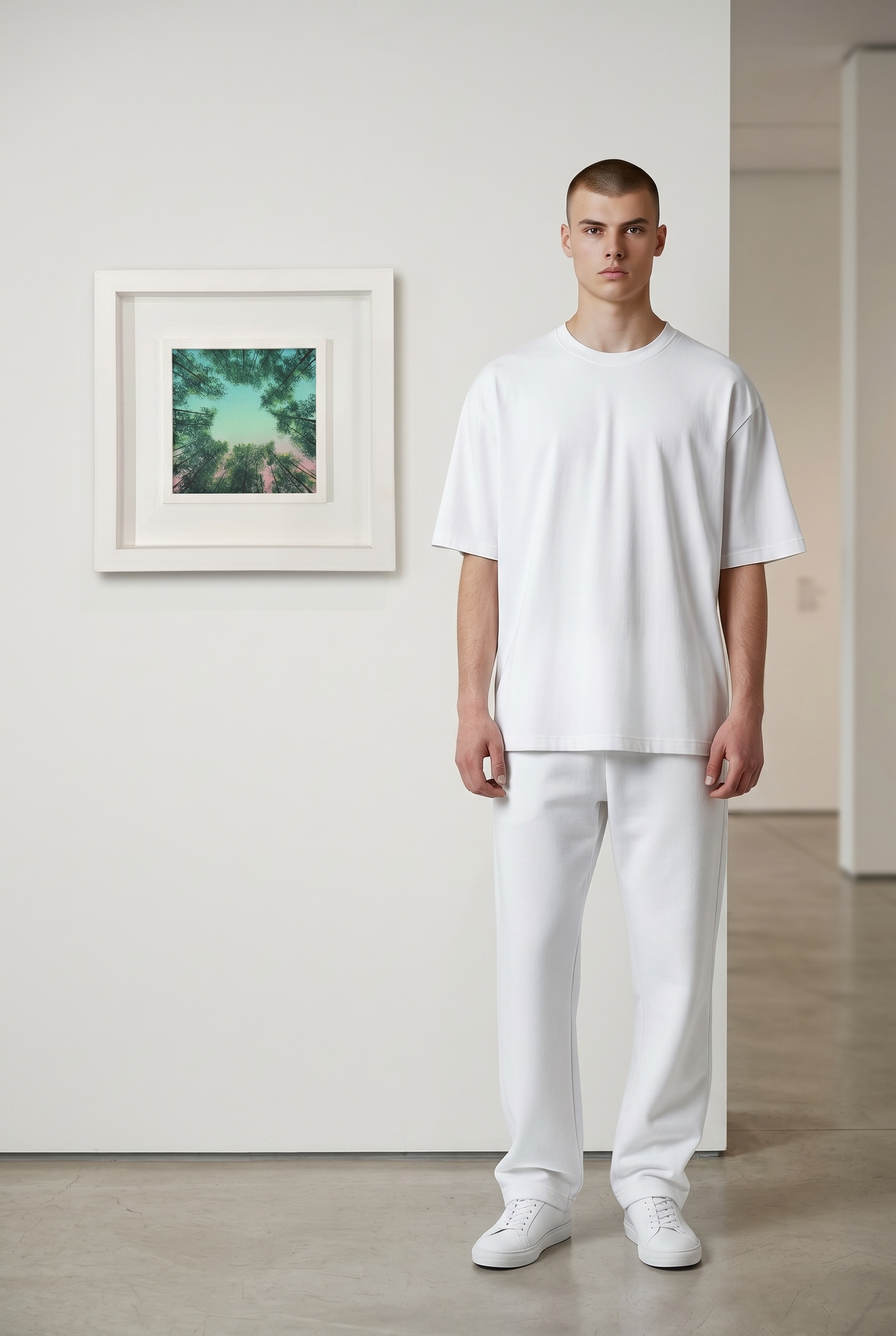 Man wearing a plain white t-shirt standing next to Vincent Devine artwork for scale