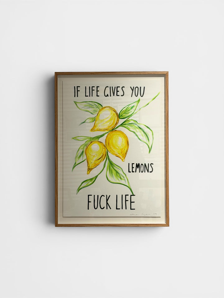 Alma Singer ‘Lemons Fuck Life’ acrylic on paper artwork, framed in oak, 70x50 cm paper size