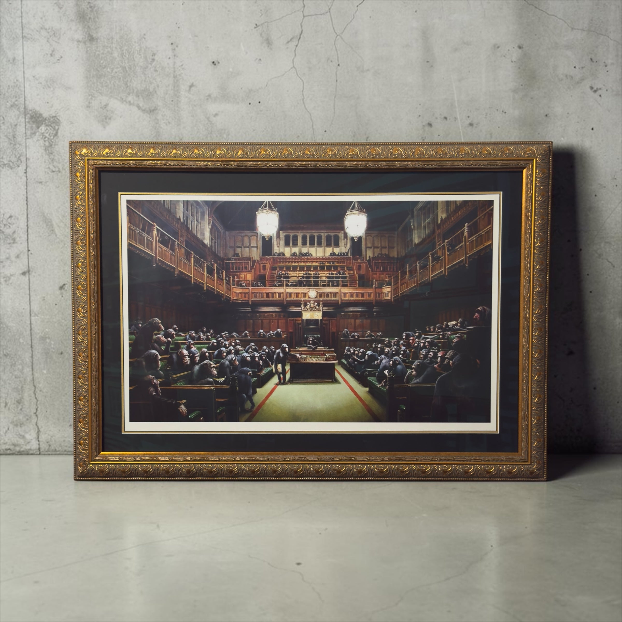 Framed Banksy Monkey Parliament print, iconic political satire street art piece, available for purchase.
