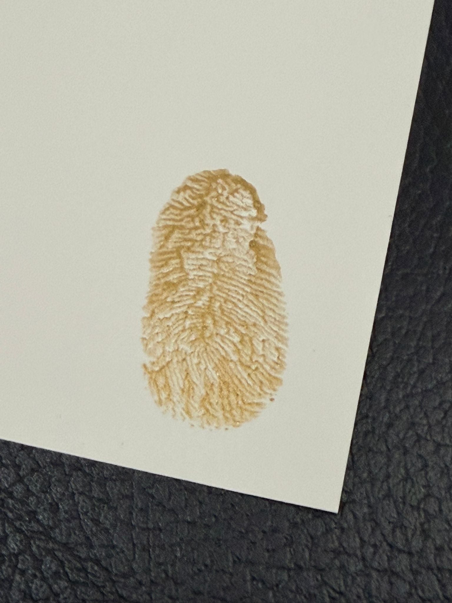 Fingerprint authentication, on letter of provenance, on a piece of paper with a textured black surface below