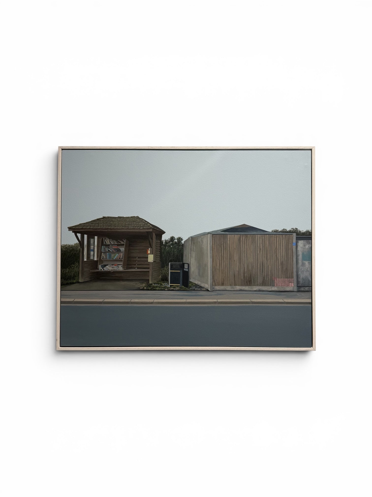 Jack Candy’s President’s Choice Award-winning gouache painting ‘I’m Still in Love With Phoebe Cates’, exhibited at the Royal Institute of Painters in Watercolours 214th Exhibition at Mall Galleries. The artwork depicts a nostalgic bus stop and adjacent building