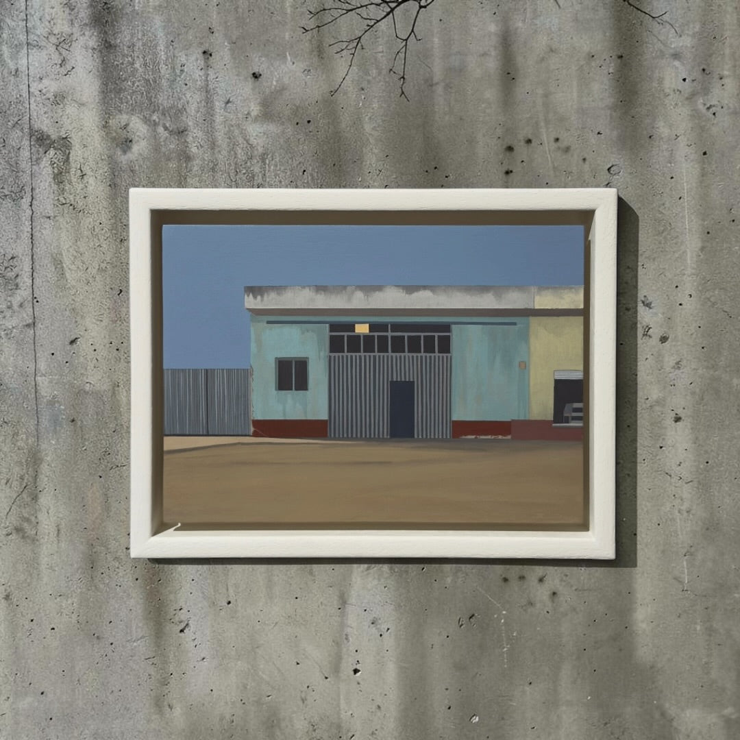Bar Room," an original gouache painting on primed board by artist Jack Candy-Kemp, framed in an off-white tray frame.