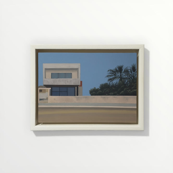 he Road to Aluasun," an original gouache painting on primed board by artist Jack Candy-Kemp, framed in an off-white tray frame.