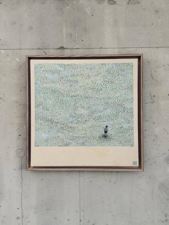 Framed acrylic artwork by Laine Jones titled "Waiting for Answers," featuring a contemplative figure on a textured background.`
