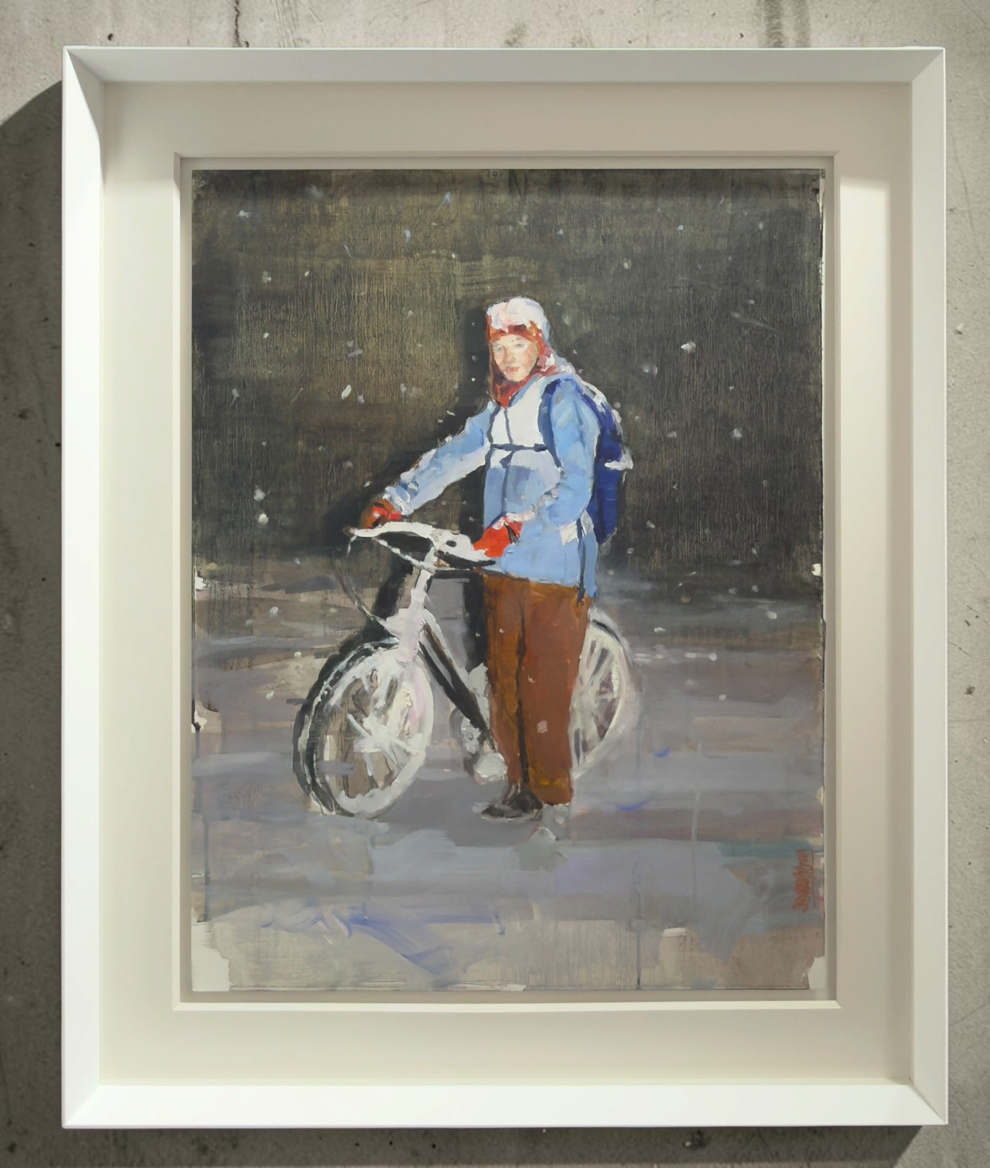 Framed oil painting by Mar Herrera on Canson paper, featuring a figure on a bicycle in a snowy setting