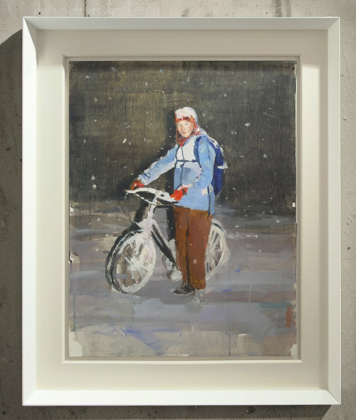 Framed oil painting by Mar Herrera on Canson paper, featuring a figure on a bicycle in a snowy setting