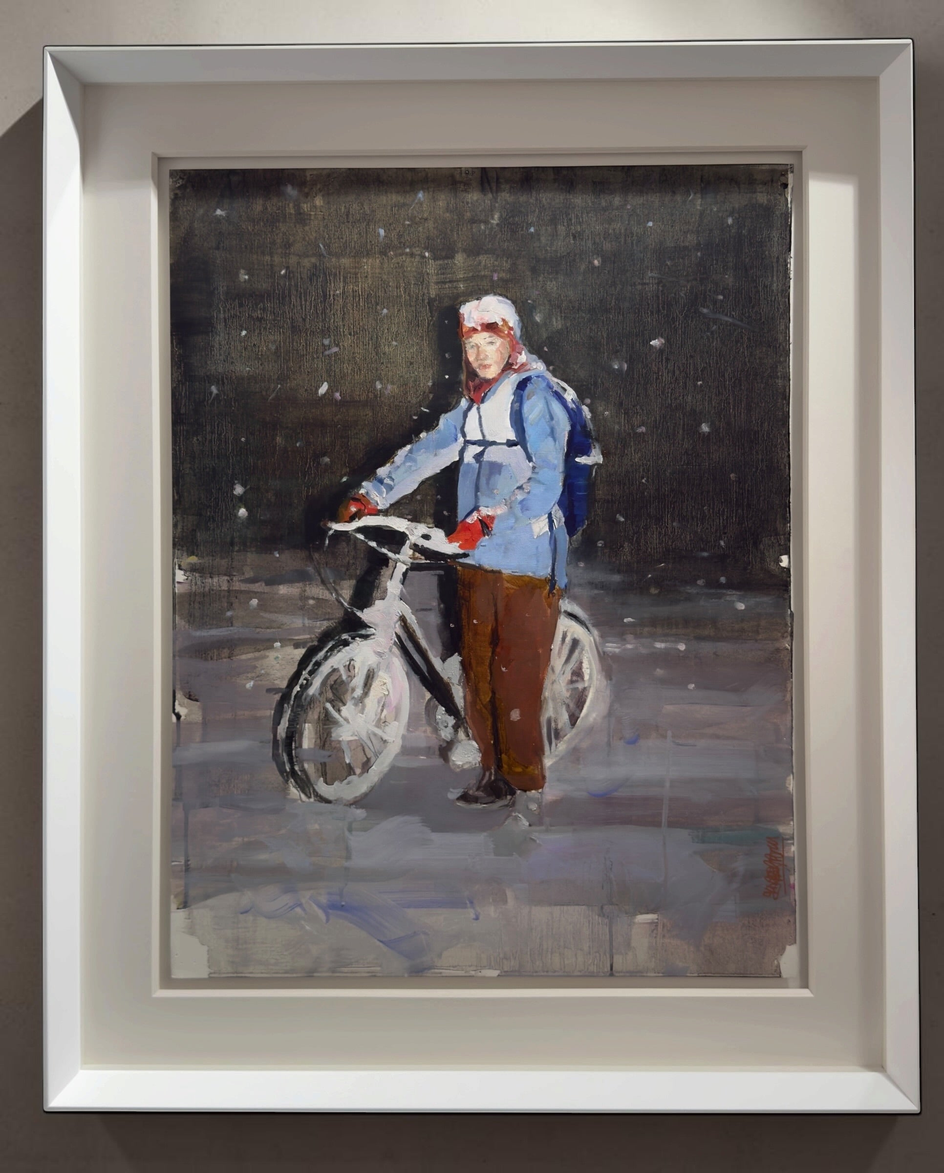 Framed oil painting by Mar Herrera on Canson paper, featuring a figure on a bicycle in a snowy setting