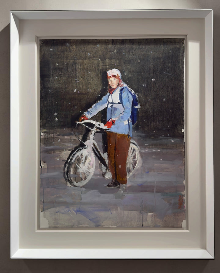 Framed oil painting by Mar Herrera on Canson paper, featuring a figure on a bicycle in a snowy setting