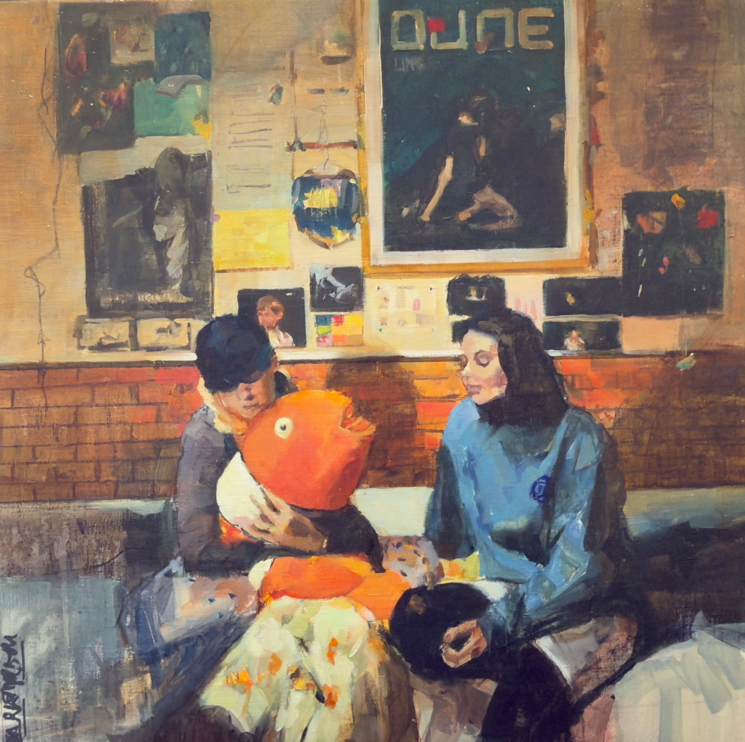Framed oil painting by Mar Herrera titled "Nemo," featuring a playful orange fish and two figures in a contemporary setting. Close Up