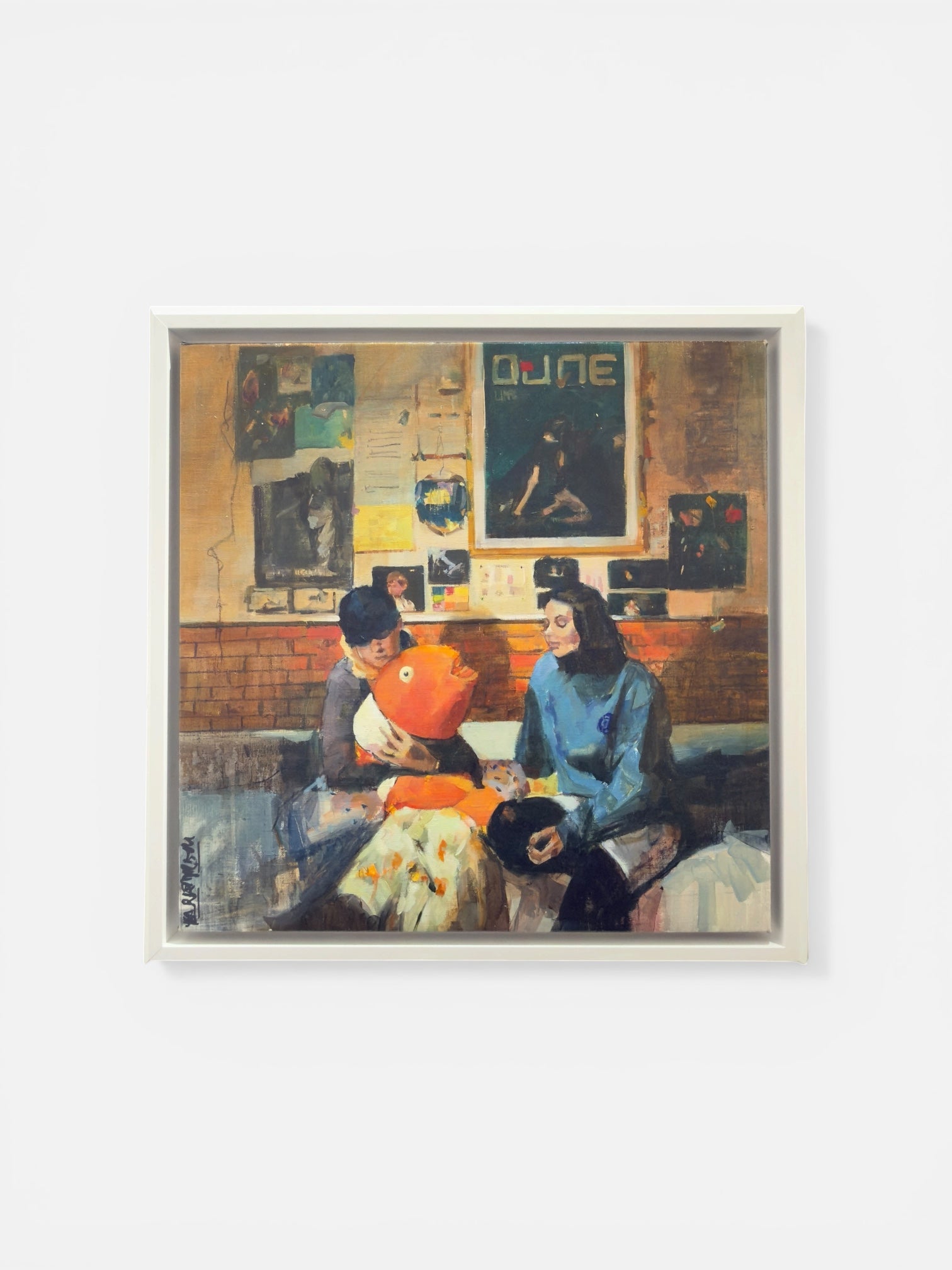 Framed oil painting by Mar Herrera titled "Nemo," featuring a playful orange fish and two figures in a contemporary setting, white background.