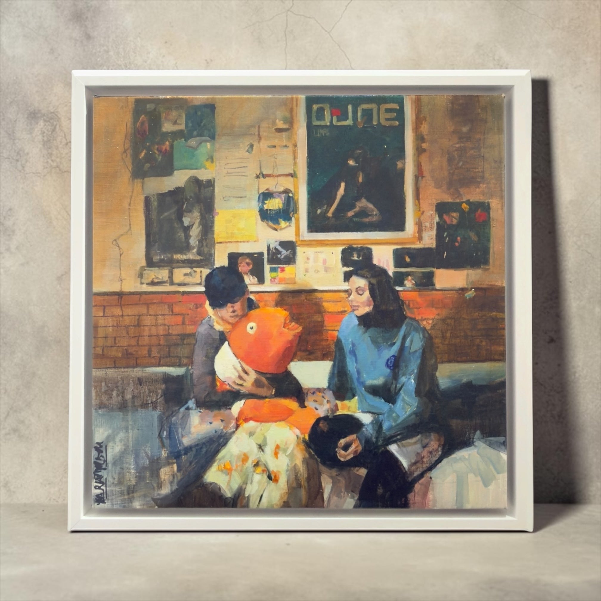 Framed oil painting by Mar Herrera titled "Nemo," featuring a playful orange fish and two figures in a contemporary setting