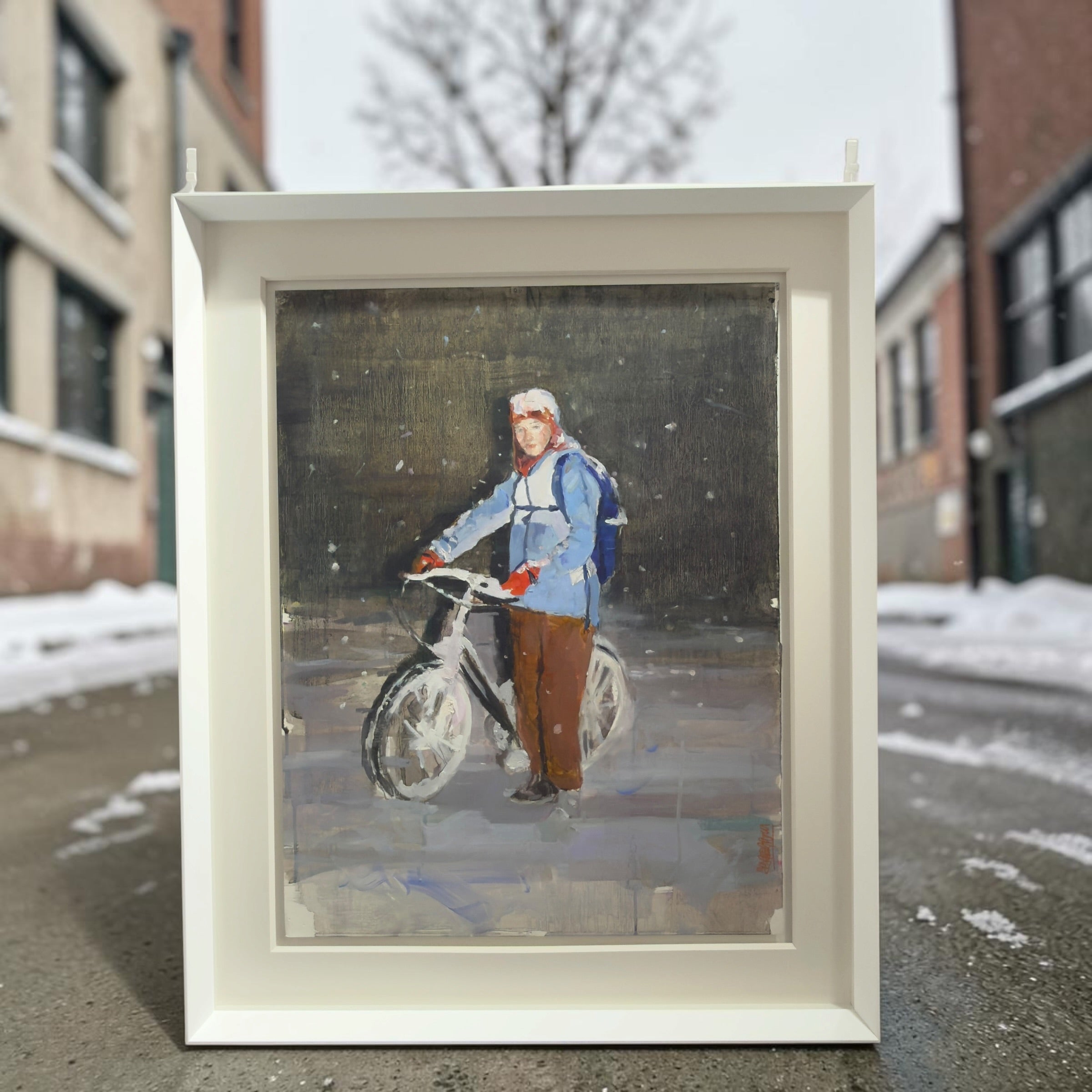 Framed oil painting by Mar Herrera on Canson paper, featuring a figure on a bicycle in a snowy setting, sweet-view