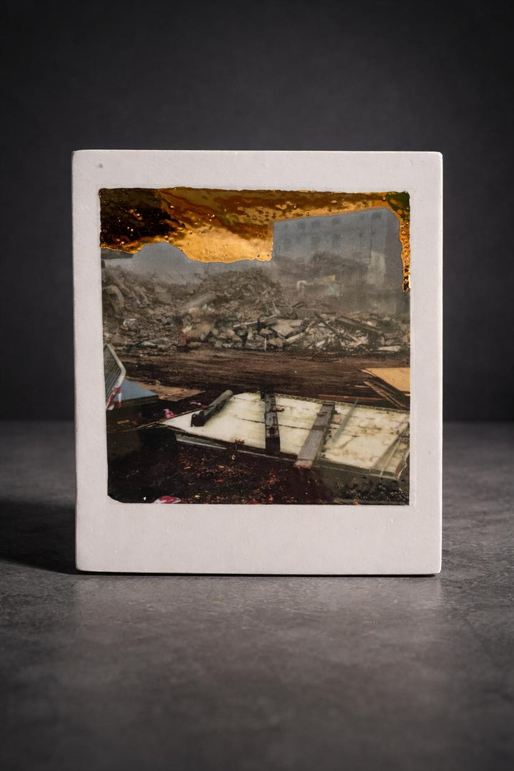 Incised photographic ceramic decal on porcelain titled "Demolition Walk" by artist Nadia Hillier, featuring an urban scene with real gold application.