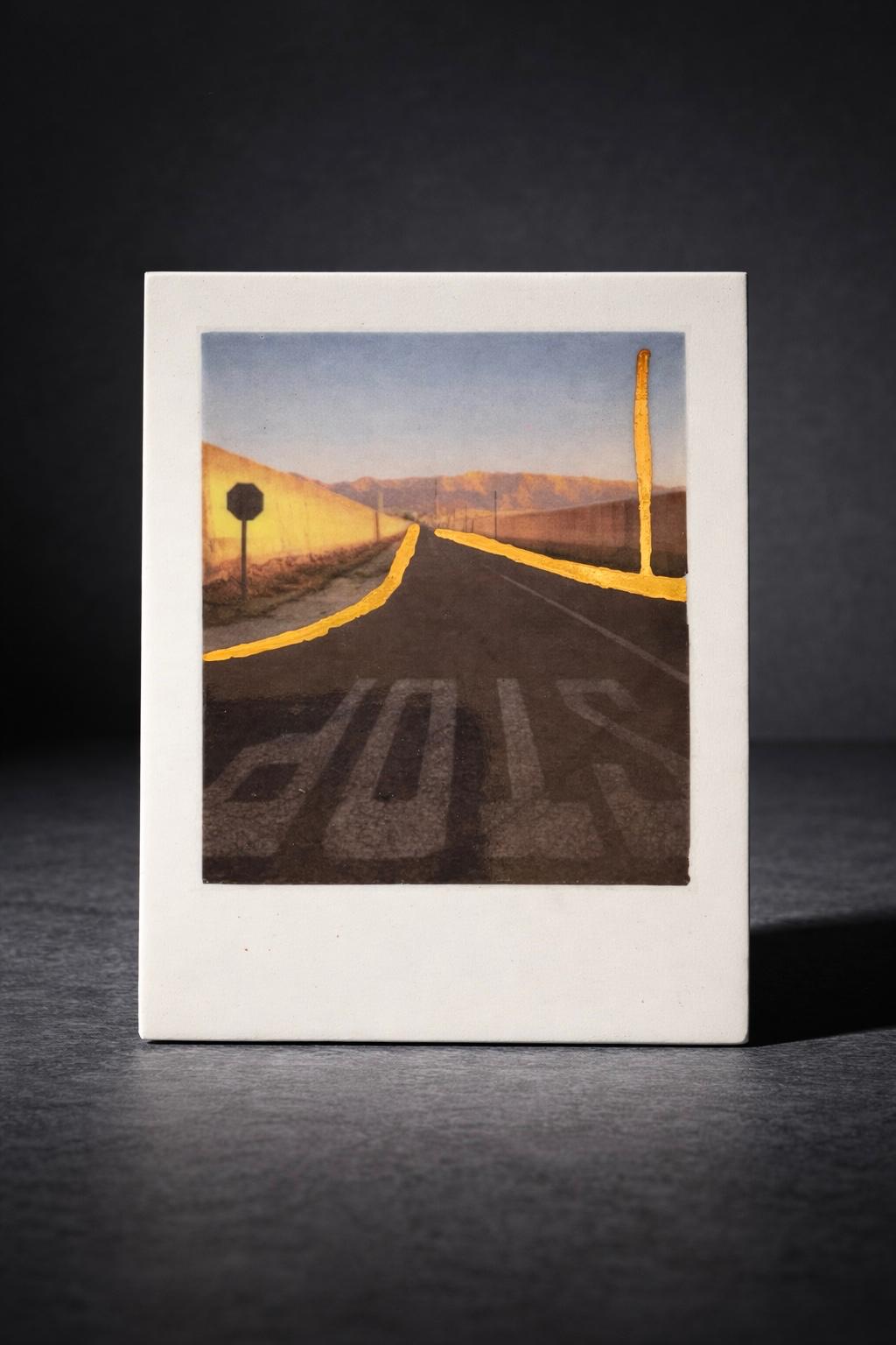 Incised photographic ceramic decal on porcelain titled "Nowhere Town" by artist Nadia Hillier, featuring a road scene with a "STOP" sign and real gold application