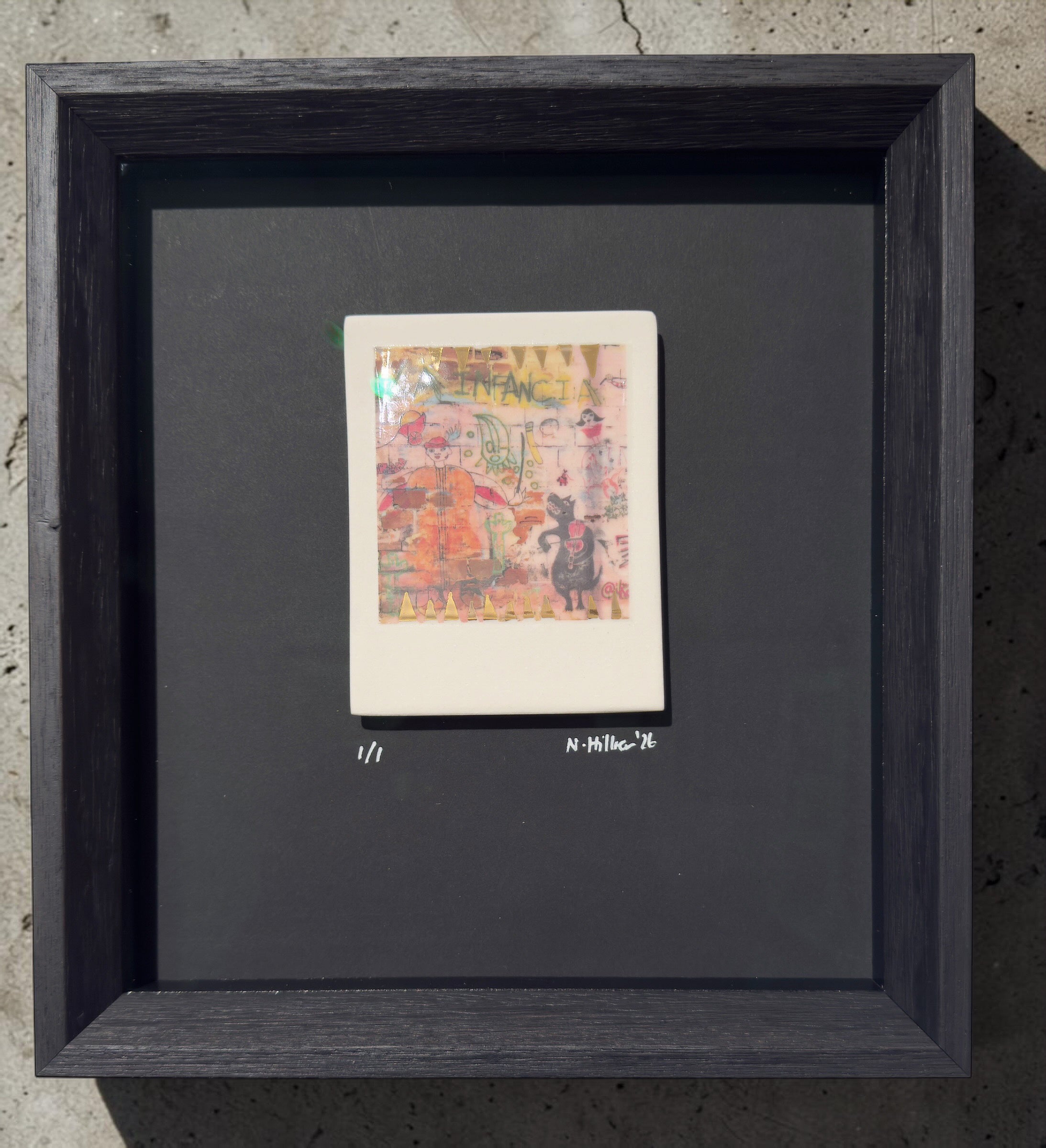 Small incised photographic ceramic decal on porcelain with real gold application by artist Nadia Hillier, showcasing contemporary design