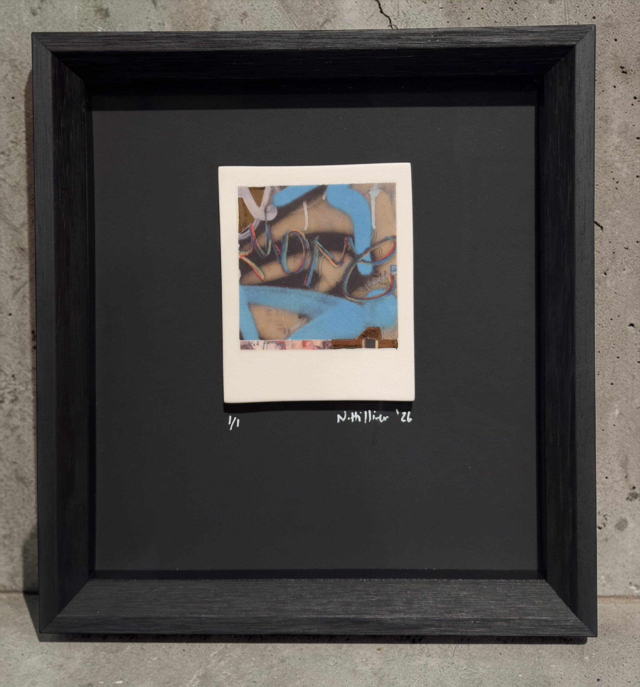 Incised photographic ceramic decal on porcelain titled "Street 4" by artist Nadia Hillier, featuring a vibrant street scene with real gold application. This is framed 
