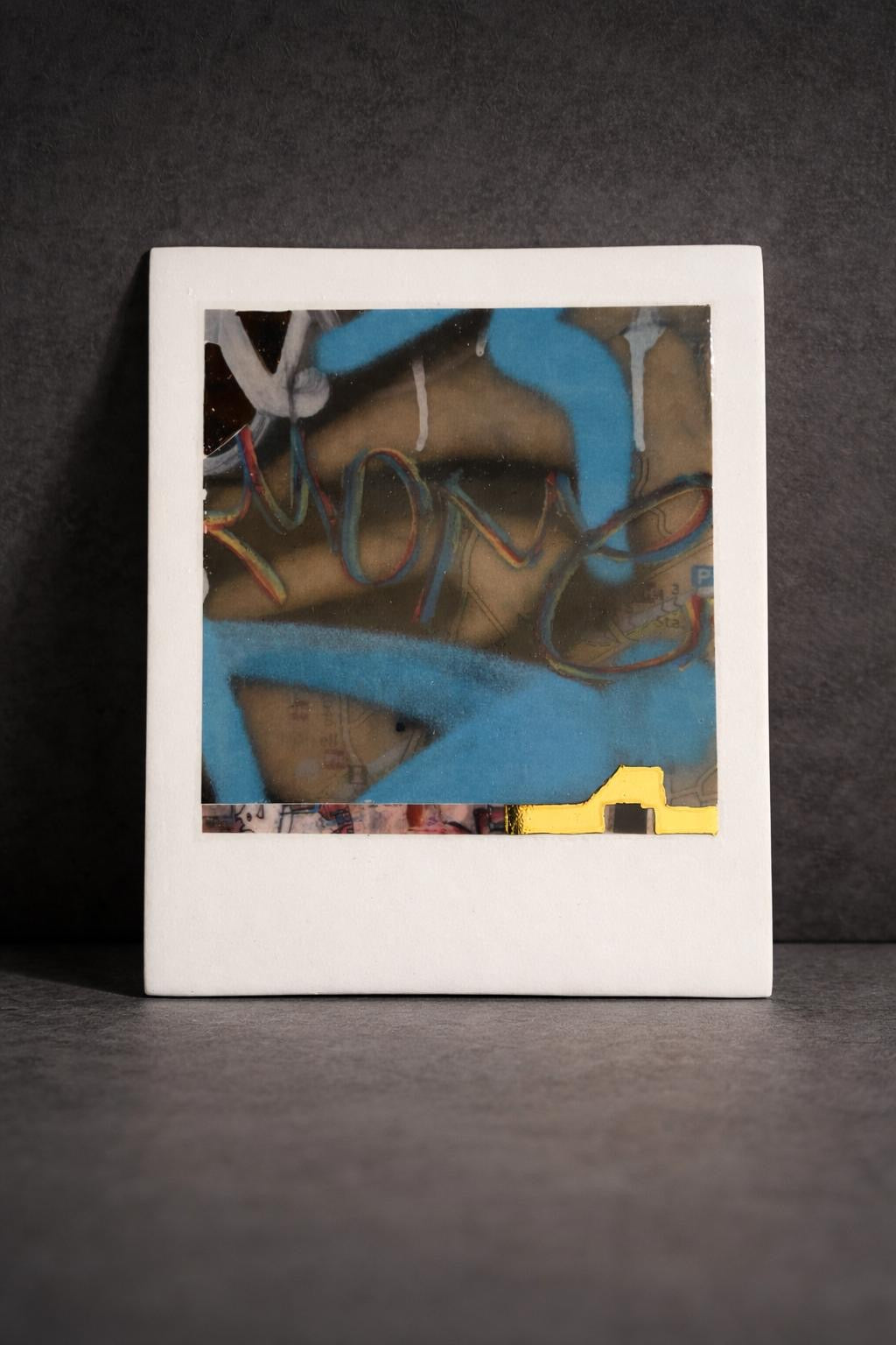 Incised photographic ceramic decal on porcelain titled "Street 4" by artist Nadia Hillier, featuring a vibrant street scene with real gold application.