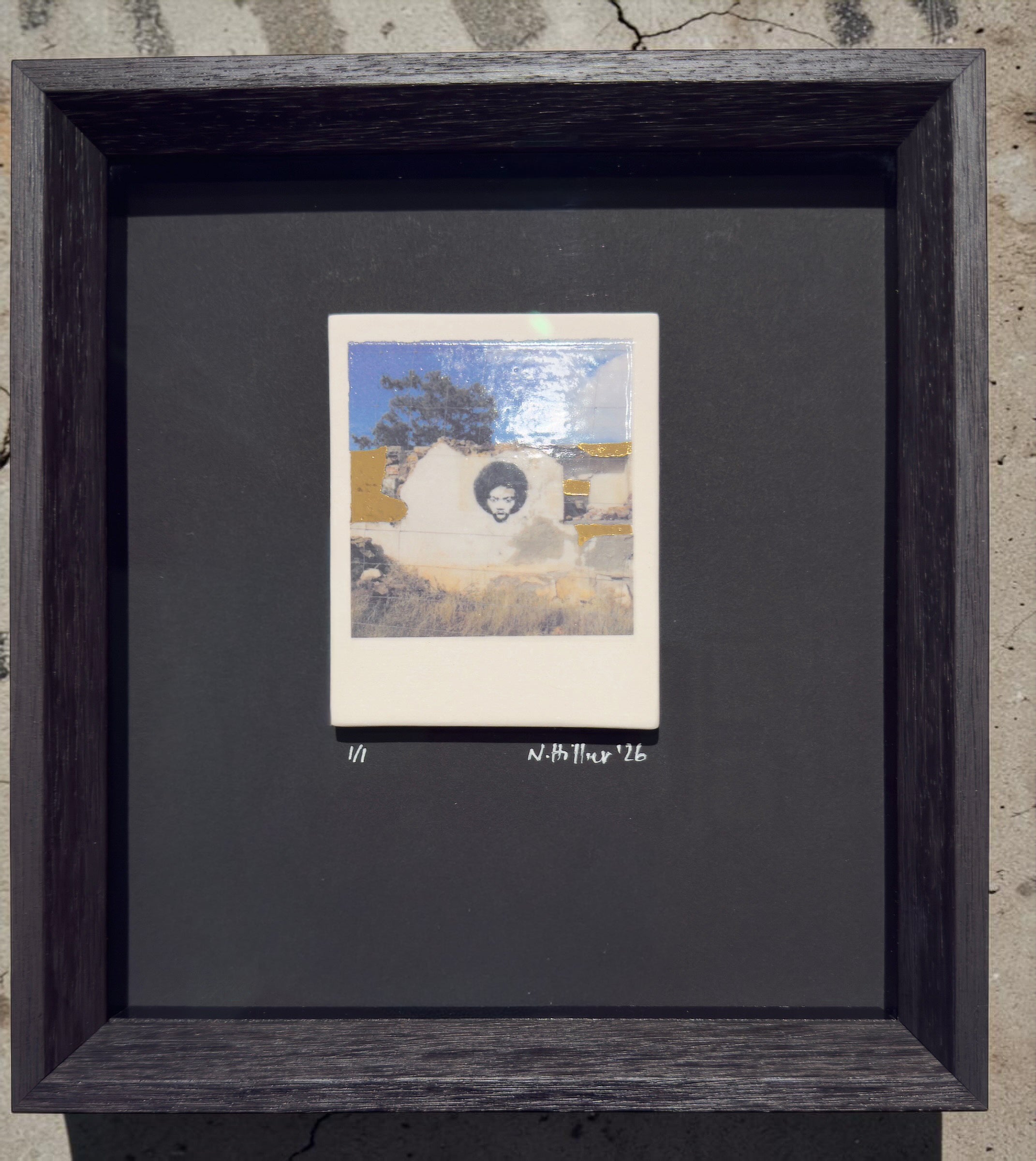 Incised photographic ceramic decal on porcelain titled "urban relic" by artist Nadia Hillier, featuring a road scene with real gold application