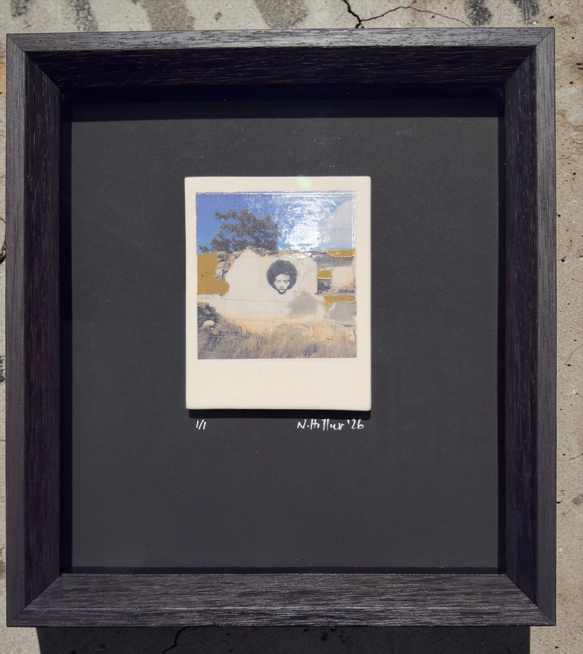 Incised photographic ceramic decal on porcelain titled "urban relic" by artist Nadia Hillier, featuring a road scene with real gold application