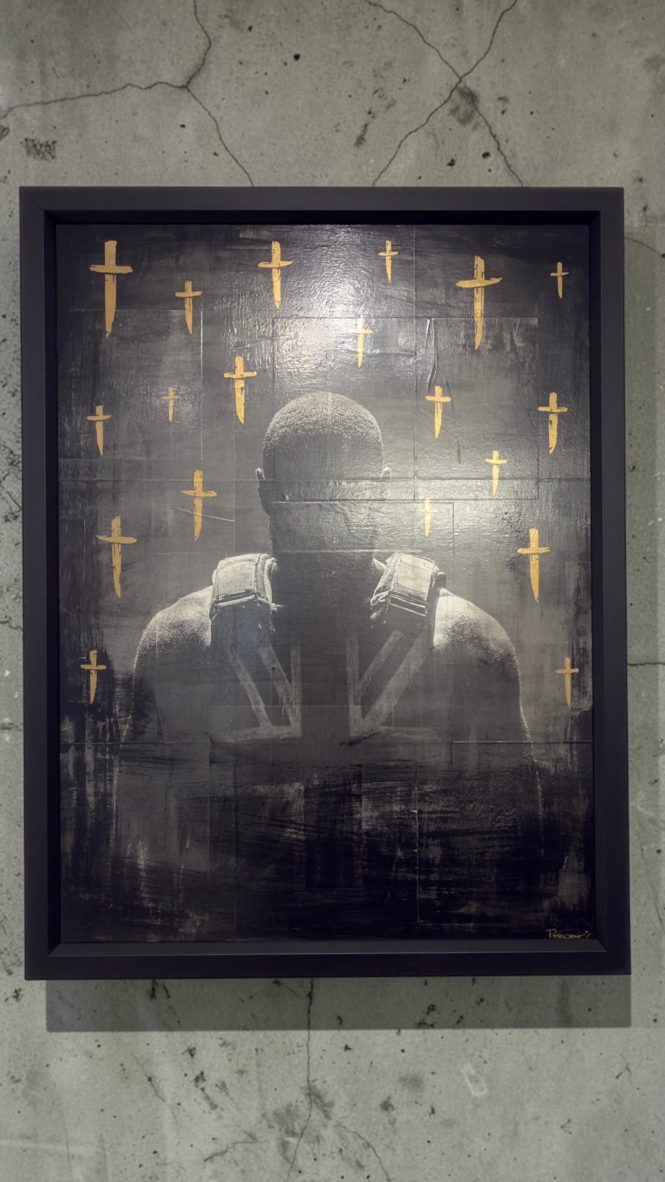 Mixed media artwork titled "Still Time" by Percent featuring nineteen blades and Stormzy in a stab vest, displayed in a black frame