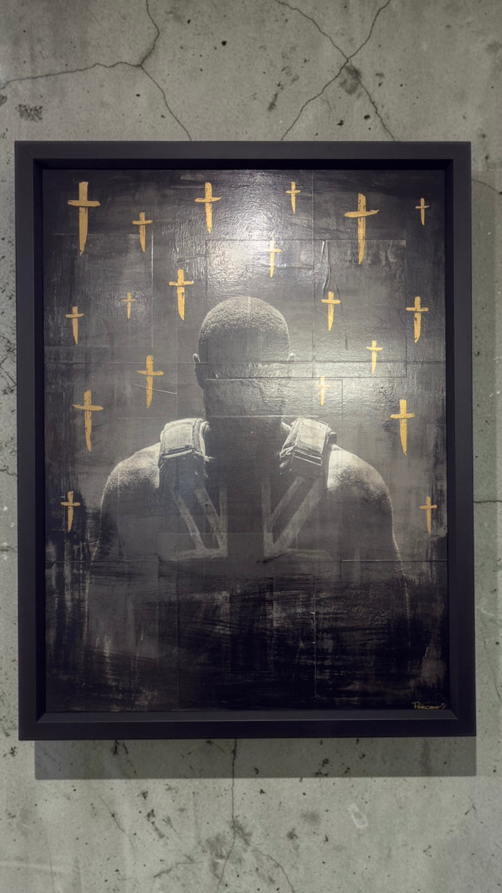 Mixed media artwork titled "Still Time" by Percent featuring nineteen blades and Stormzy in a stab vest, displayed in a black frame