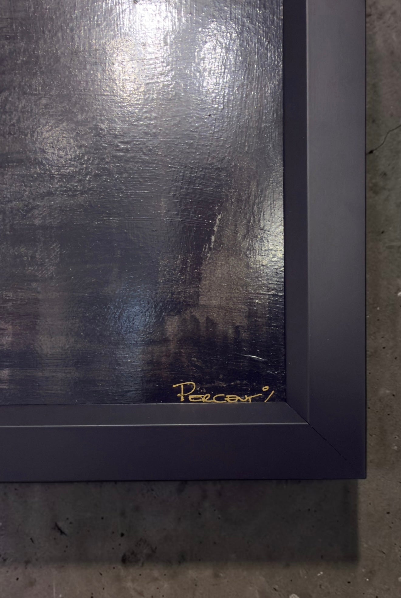 Mixed media artwork titled "Still Time" by Percent featuring nineteen blades and Stormzy in a stab vest, displayed in a black frame. Signature