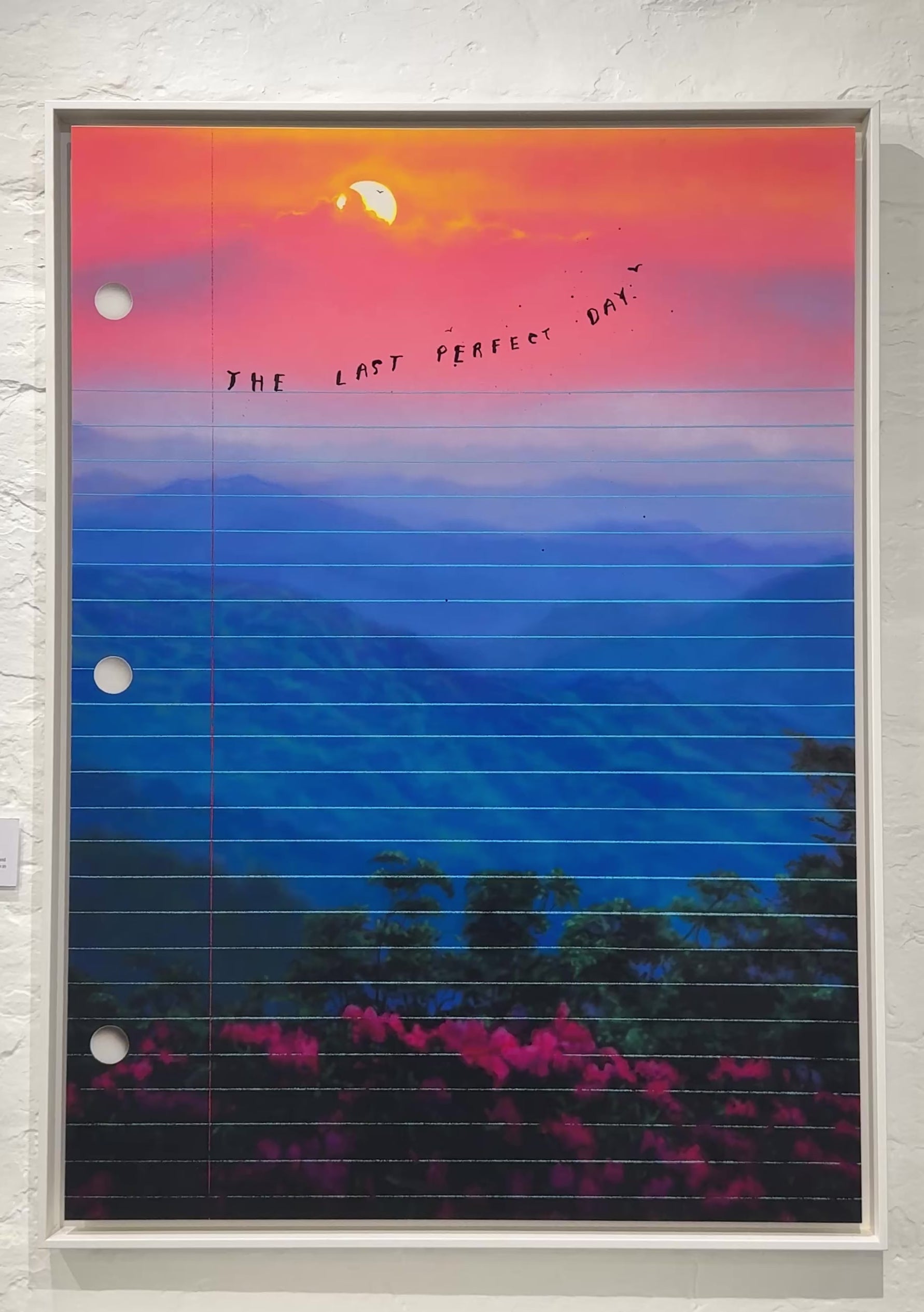 A video of Limited edition art print of The Last Perfect Day by Friedrich Kunath, featuring a surrealist landscape with a vibrant sunset and poetic themes, high-quality archival giclée print