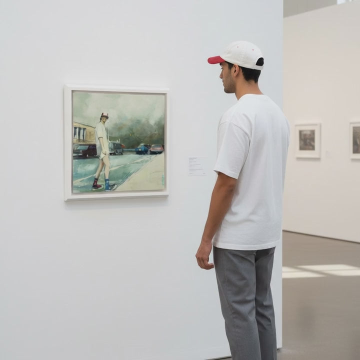 Video of a man looking at `mar Herreras artwork