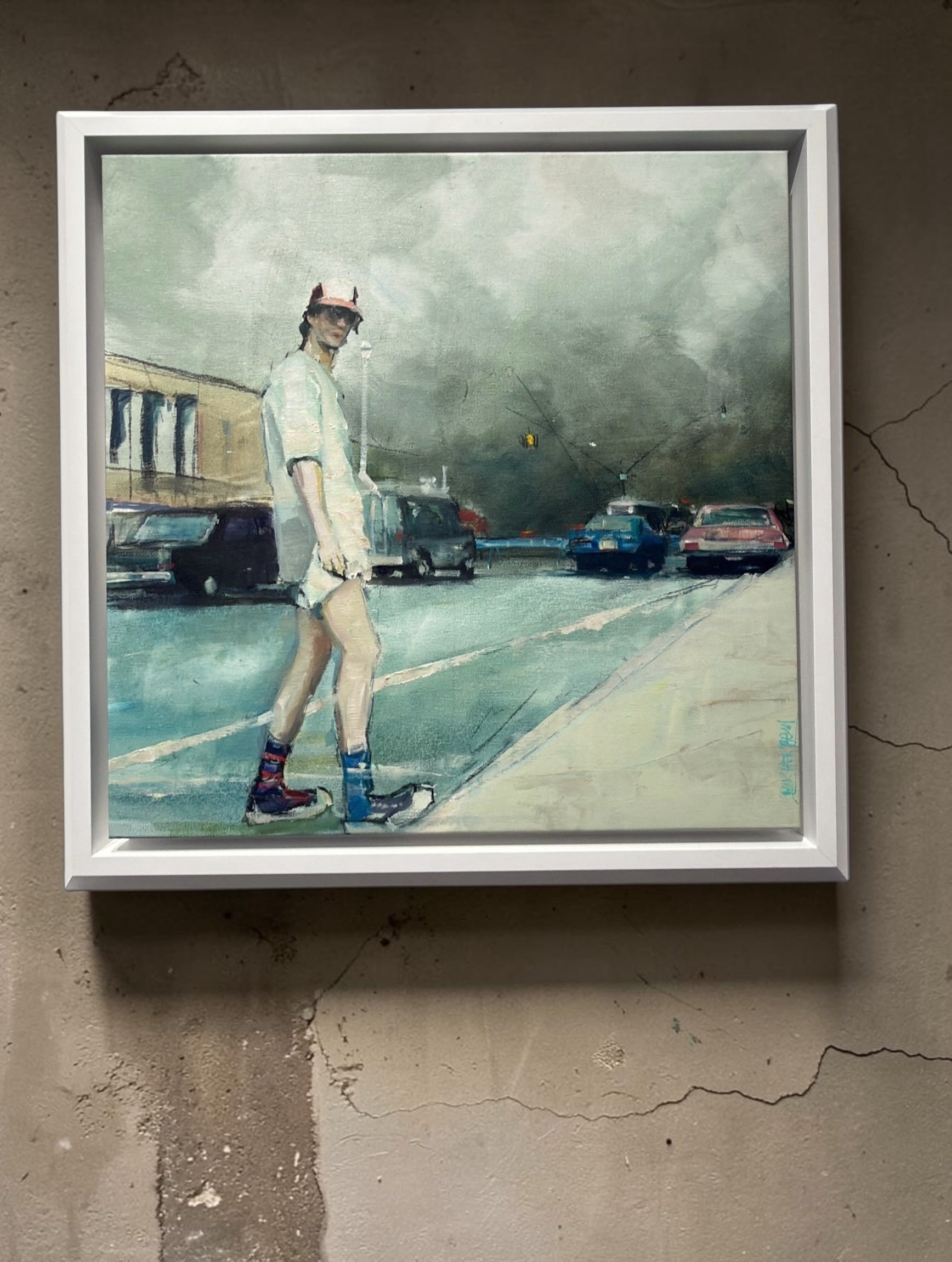 Rare framed figurative oil painting on canvas featuring a lone figure in a moody urban street scene with a white frame.