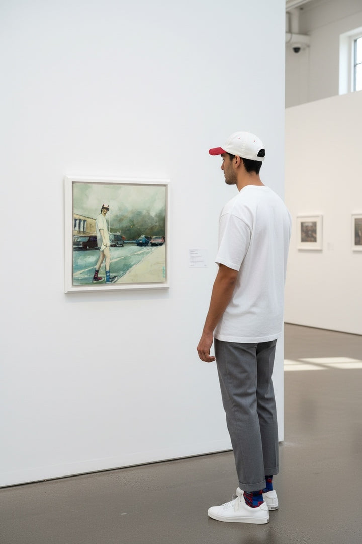 Rare framed figurative oil painting on canvas being viewed in a gallery setting
