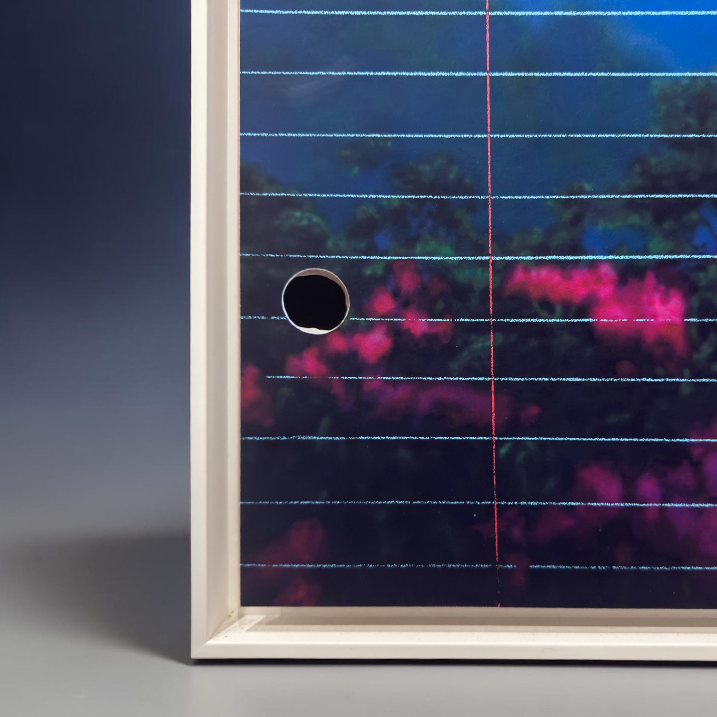Close up corner of a framed artwork, purple and blue flowers on lined paper with blue and orange hues. Limited edition art print of The Last Perfect Day by Friedrich Kunath, featuring a surrealist landscape with a vibrant sunset and poetic themes, high-quality archival giclée print.