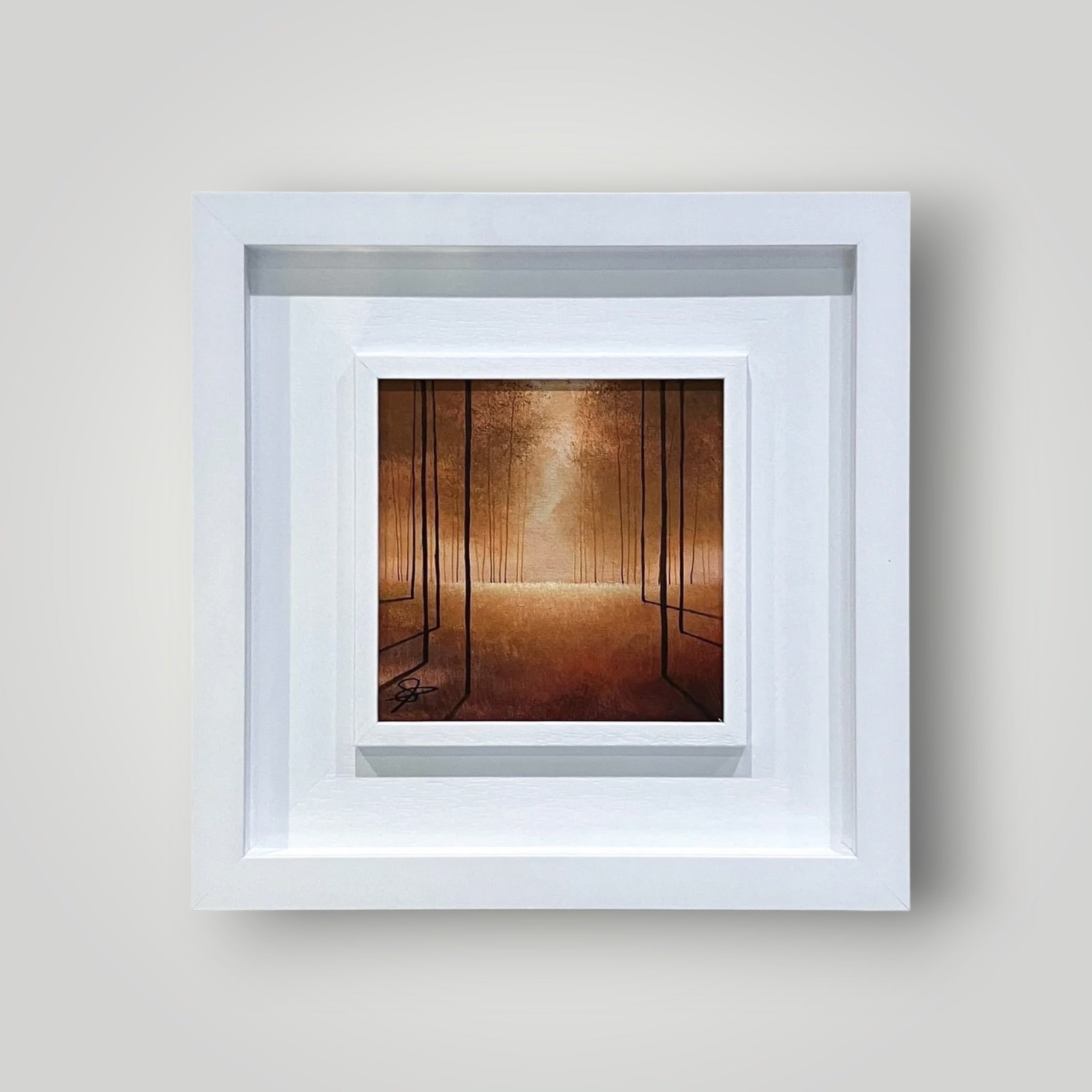 Original acrylic painting “Golden” by Vincent Devine, part of the Neo-Dimensionism series, featuring abstract forms in warm, golden tones, framed at 41cm x 41cm